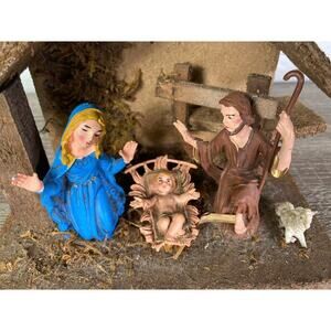 Vintage 1970s Wooden Nativity Crèche Set Rustic Manger Handmade Christmas Scene
